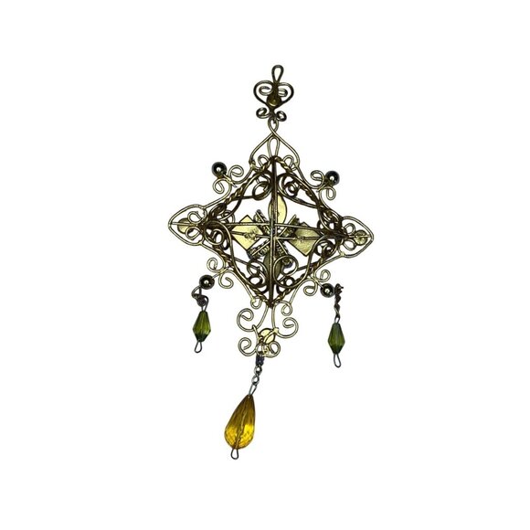 Vintage Gold Filigree Hanging Ornament With Jewel Accents & Beaded Dangling Char - Picture 4 of 4